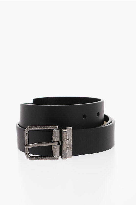 Dolce & Gabbana Solid Color Leather Belt With Silver Buckle 30mm In Black