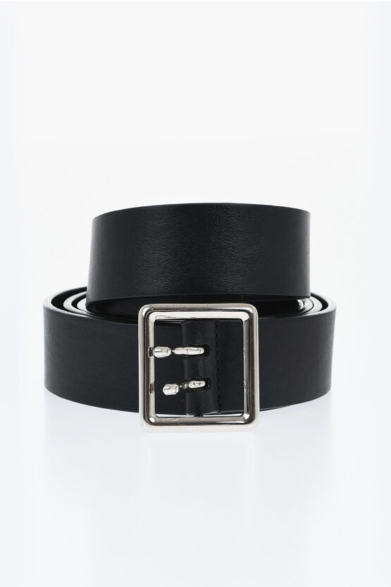 Corneliani Solid Color Leather Belt With Silver-tone Buckle 35mm In Black