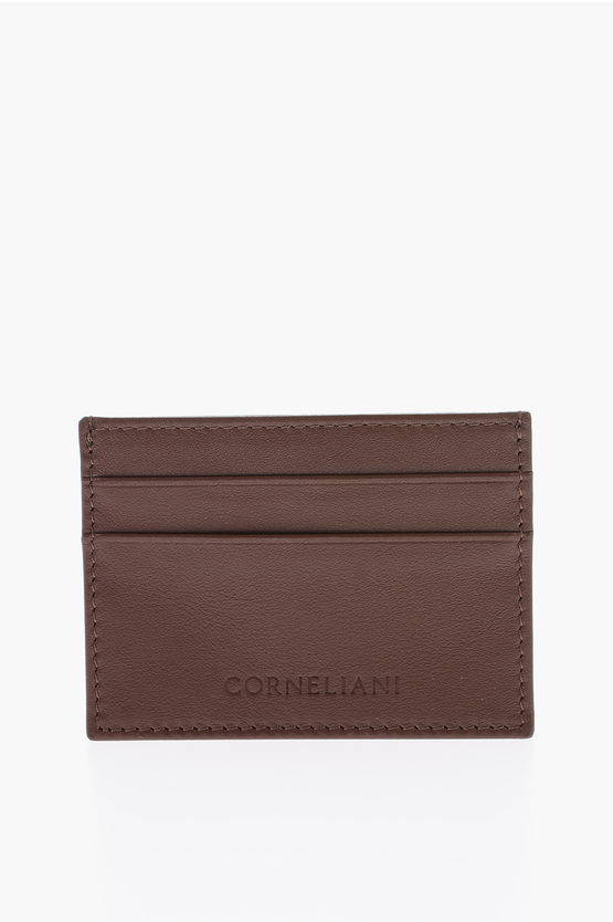 Corneliani Solid Color Leather Card Holder In Brown