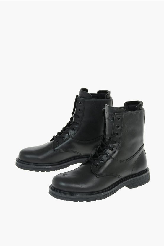 Shop Diesel Solid Color Leather D-alabhama Cb Combat Booties