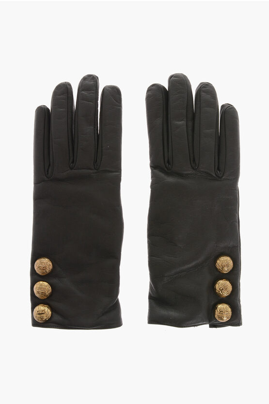 Shop Elisabetta Franchi Solid Color Leather Gloves With Golden Details