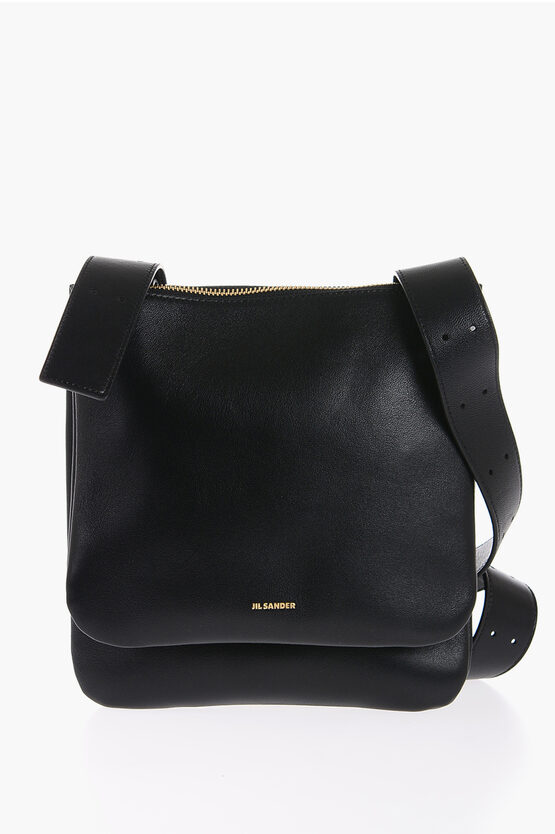 Jil Sander Solid Color Leather Shoulder Bag In Black