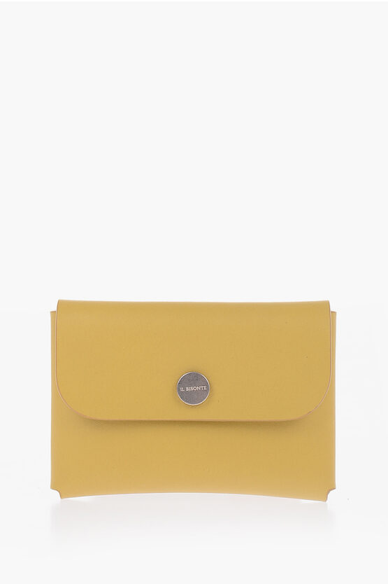 Il Bisonte Solid Color Leather Titano Card Holder With Silver-tone Butt In Yellow