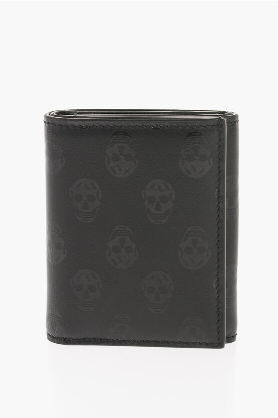 Alexander Mcqueen Solid Color Leather Wallet With All-over Skulls In Black
