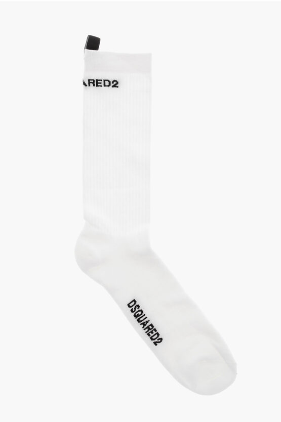 Dsquared2 Solid Color Long Socks With Embroidery Logo In White