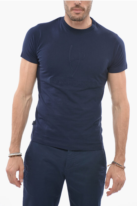 Shop Handpicked Solid Color Lucca Crew-neck T-shirt With Embossed Logo