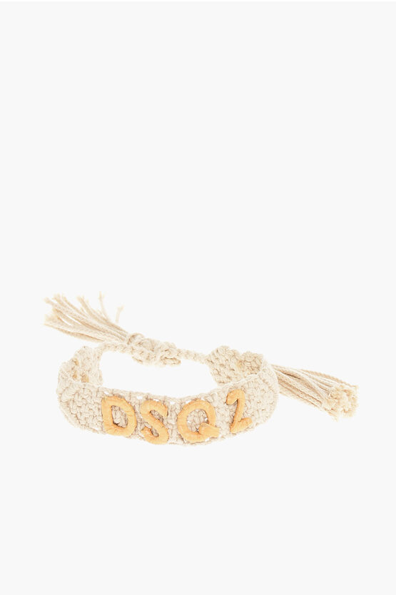 Dsquared2 Solid Color Macramè Cotton Bracelet With Raffia Logo