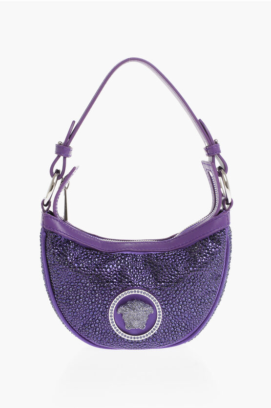 Versace Solid Colour Medusa Shoulder Bag With Rhinestones Embellishme In Burgundy