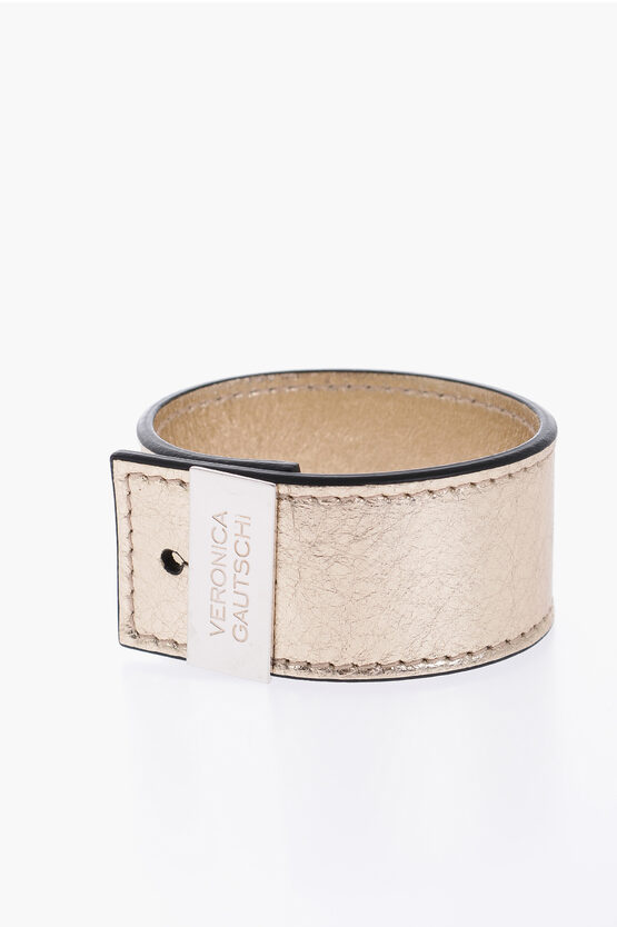 Veronica Gautschi Solid Color Metallic Saffiano Leather Bracelet In Neutral
