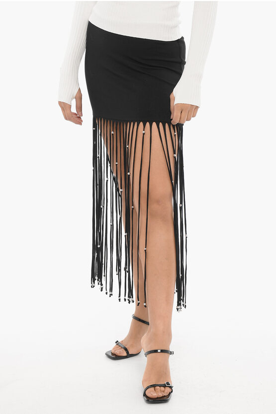 ROTATE BIRGER CHRISTENSEN SOLID COLOR MINISKIRT WITH FRINGES AND STUD 