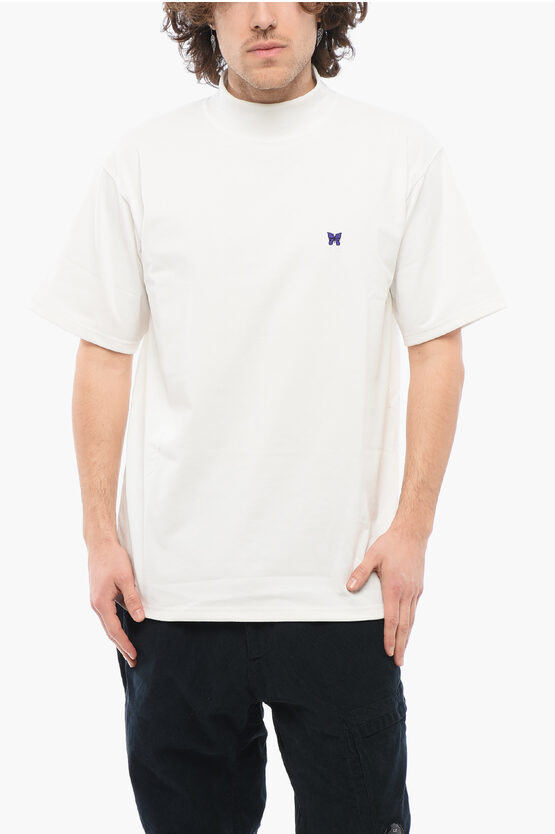 NEEDLES SOLID COLOR MOCK-NECK T-SHIRT WITH BUTTERFLY EMBROIDERY