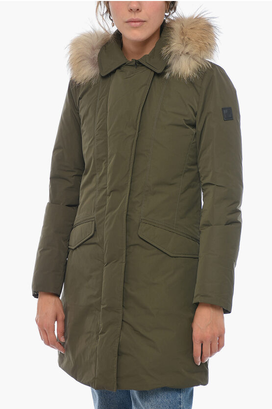 WOOLRICH SOLID COLOR MODERN MAXI DOWN JACKET WITH REAL FUR
