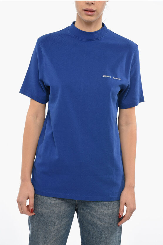 Samsoe & Samsoe Solid Color Norsbro Crew-neck T-shirt With Contrasting Logo In Blue