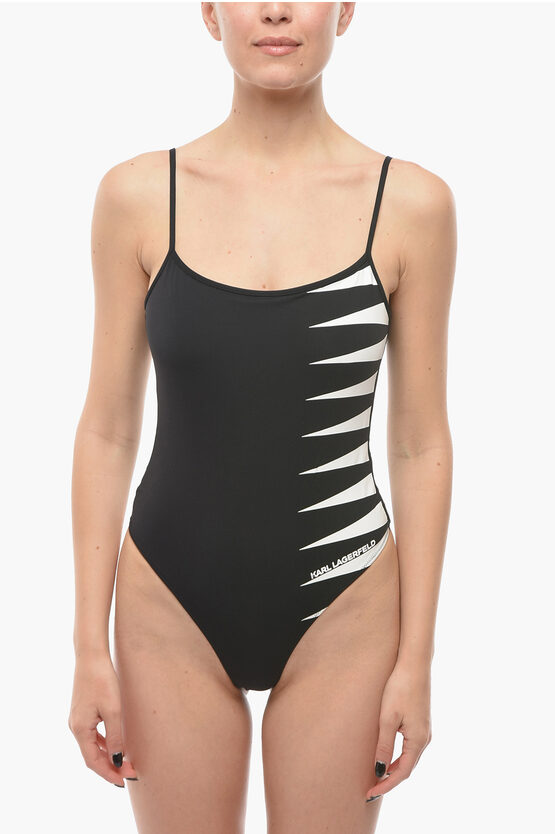 Karl Lagerfeld Solid Color One-piece Swimsuit With Contrasting Details In Black