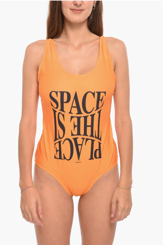 Ganni Solid Color One Piece Swimsuit With Contrasting Print In Orange