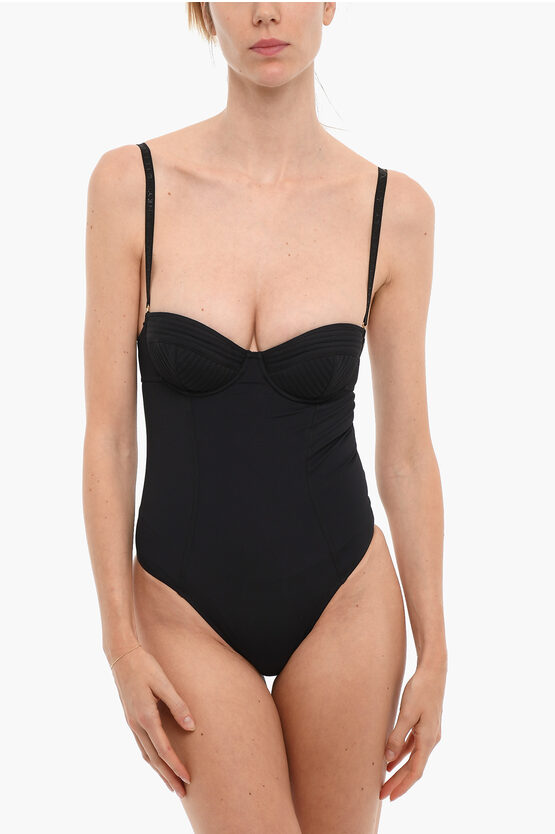 Stella Mccartney Solid Color One Piece Swimsuit With Golden Details In Black