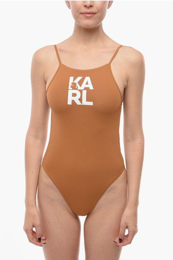 Karl Lagerfeld Solid Color One-piece Swimsuit With Printed Logo In Brown