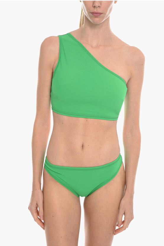 Bottega Veneta Solid Color One-shoulder Bikini With Visible Stitching In Green