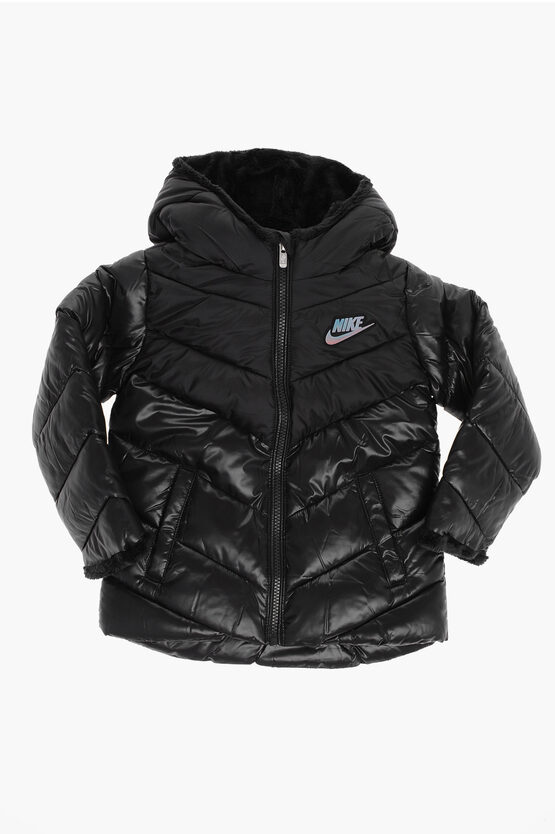 Nike Solid Colour Padded Jacket With Faux Fur Inside The Hood In Black