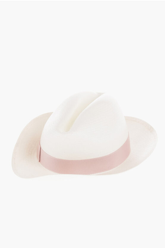 Borsalino Solid Color Panama Hat With Contrasting Ribbon In White