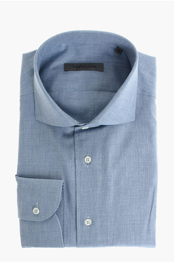 Corneliani Solid Color Popeline Spread Collar Shirt In Blue