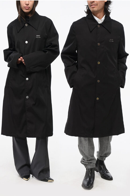 Ami Alexandre Mattiussi Solid Color Raincoat With Silver-tone Metal Logo In Black