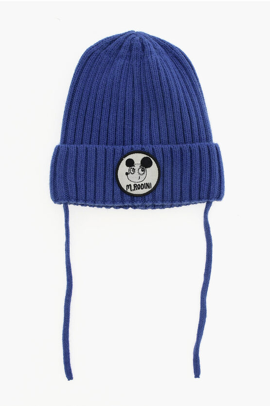 Shop Mini Rodini Solid Color Ribbed Beanie With Contrasting Logo Patch