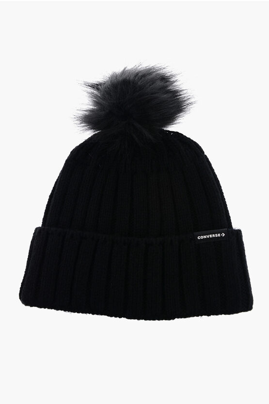 Converse Solid Color Ribbed Beanie With Pom Pom In Black