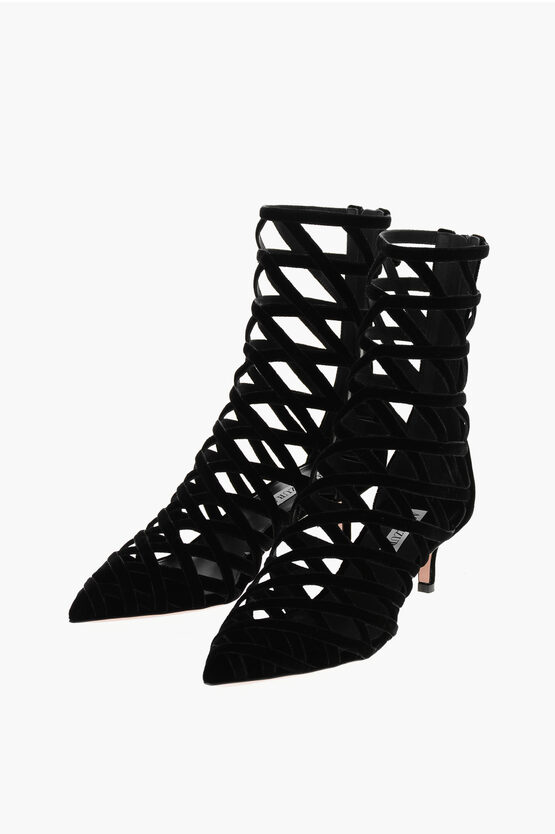 Aquazzura Solid Color Romance Cut-out Booties With Zip Closure Heel 5c In Black