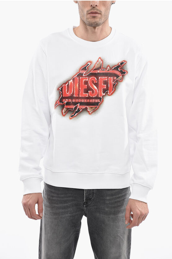 Diesel Solid Color S-ginn-e9 Crew-neck Sweatshirt With Front Print In White