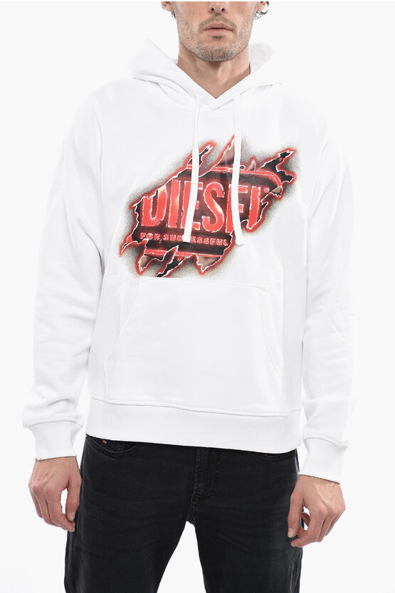 Diesel Solid Color S-ginn Hoodie With Printed Logo In White