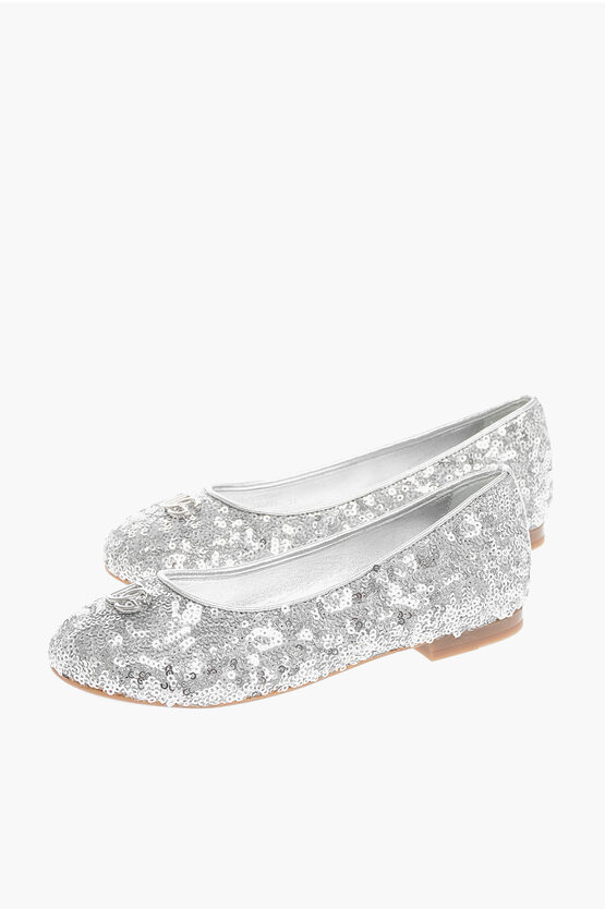 Shop Dolce & Gabbana Solid Color Sequined Ballet Flats With Metal Logo