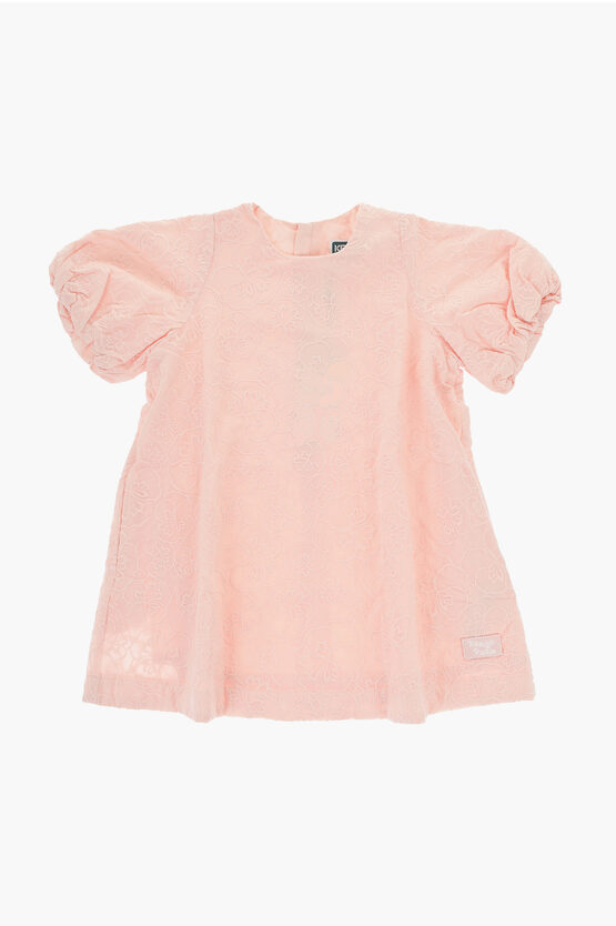 Kenzo Solid Color Short Sleeved Dress With Floral Embroideries