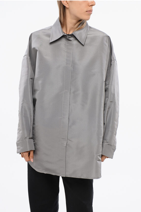 Valentino Solid Color Silk Overshirt With Snap Buttons In Gray
