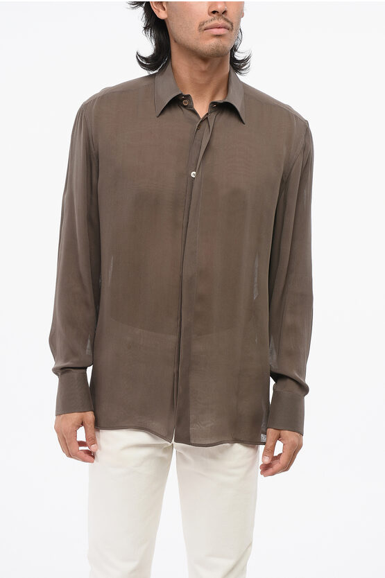 Saint Laurent Solid Color Silk Shirt In Brown