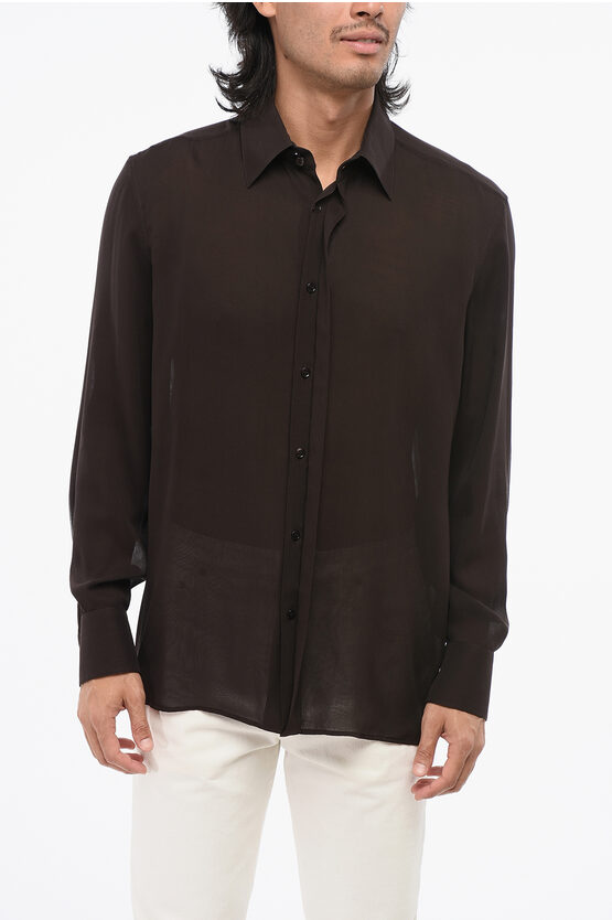 Saint Laurent Solid Color Silk Shirt In Brown