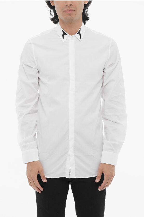 Neil Barrett Solid Color Slim Fit Shirt With Contrasting Thunderbolt Embr In White