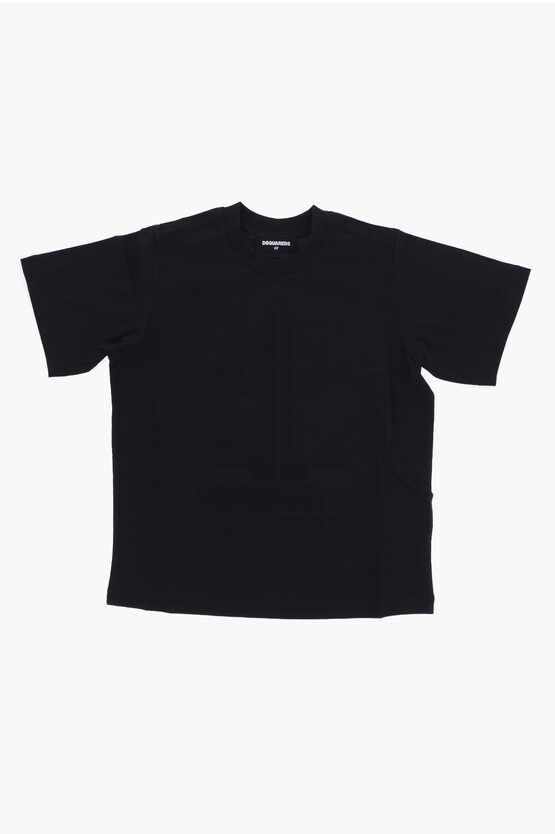 Dsquared2 Solid Color Slouch Fit Crew-neck T-shirt With Embossed Logo In Black