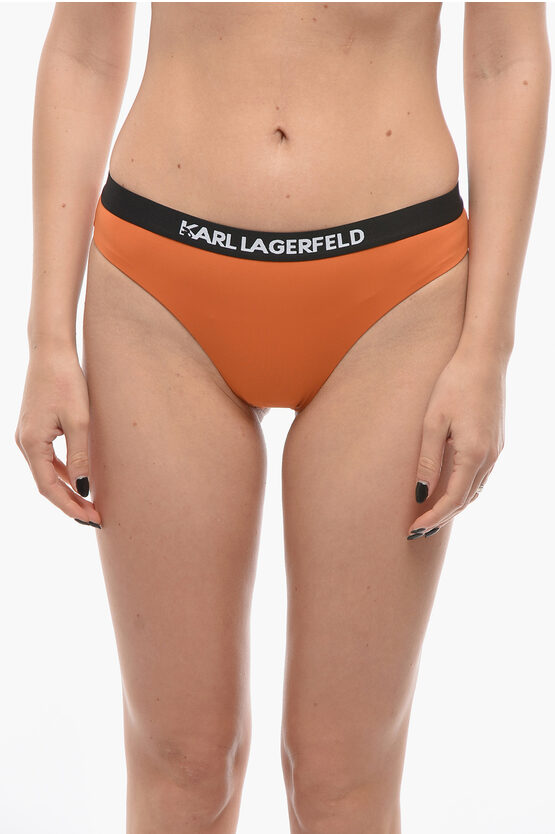 Karl Lagerfeld Solid Color Sport Bikini Bottom With Elastic Band Logoed At In Orange