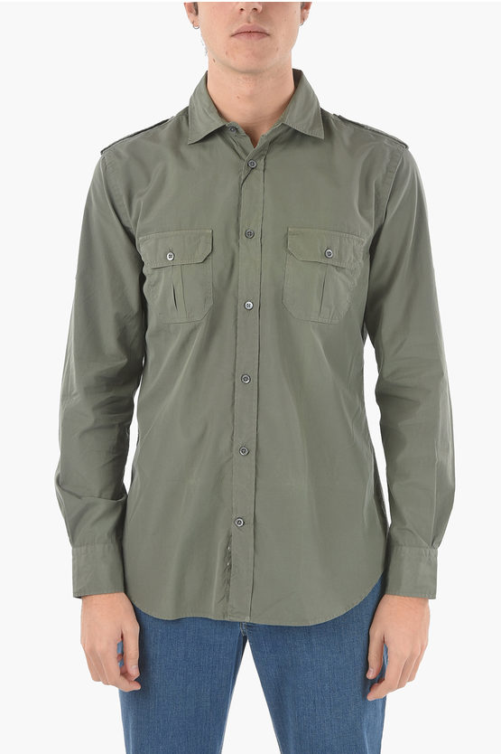 Corneliani Solid Color Spread Collar Shirt With Double Breast Pocket In Green