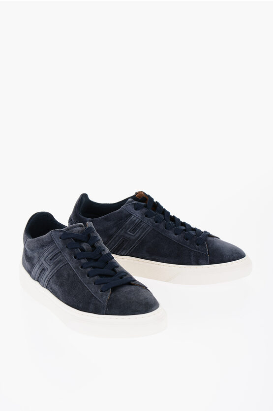 Hogan Solid Color Suede Low-top Sneakers With Contrast Sole In Blue