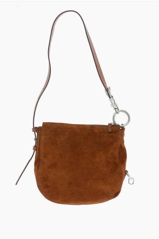 Shop Burberry Solid Color Suede Shoulder Bag With Metal Details