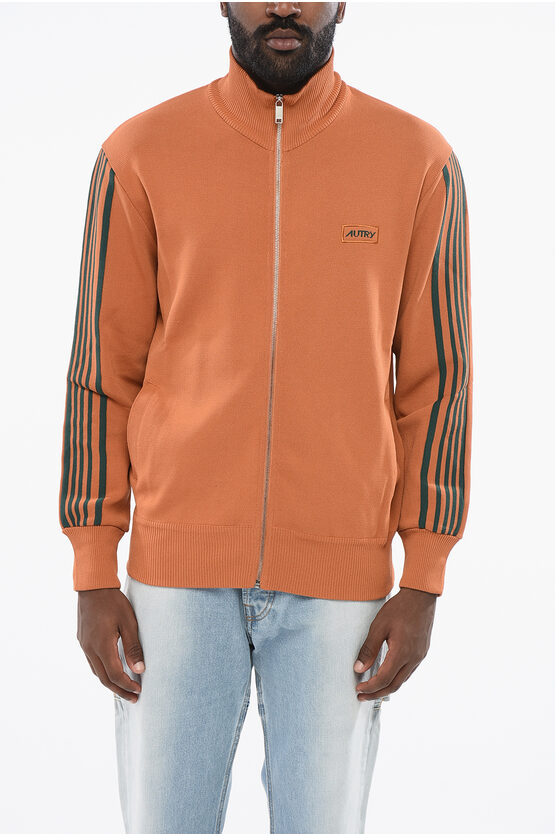 Autry Solid Color Sweatshirt With Zip Closure And Contrasting Deta In Orange