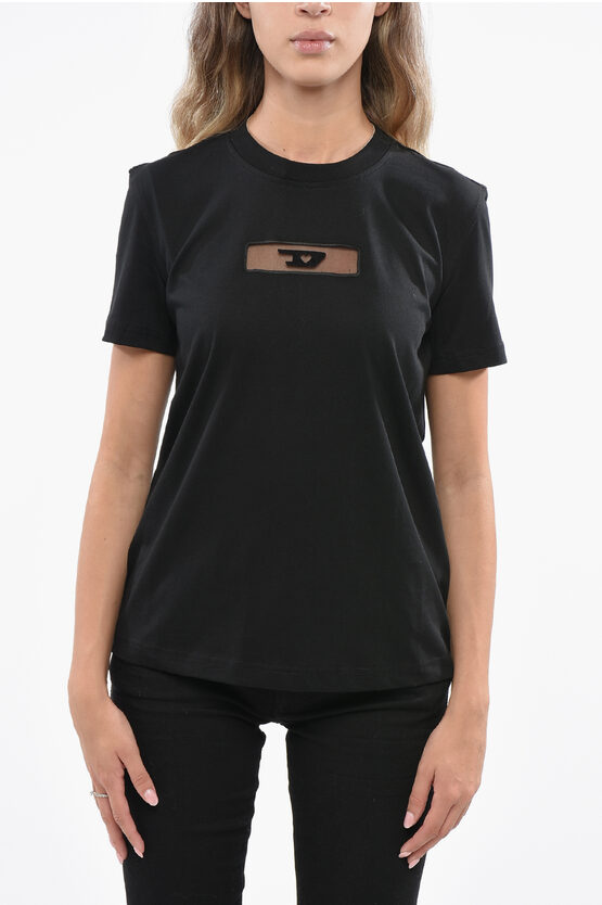 Diesel Solid Color T-reg Crew-neck T-shirt With Tulle Detail In Black
