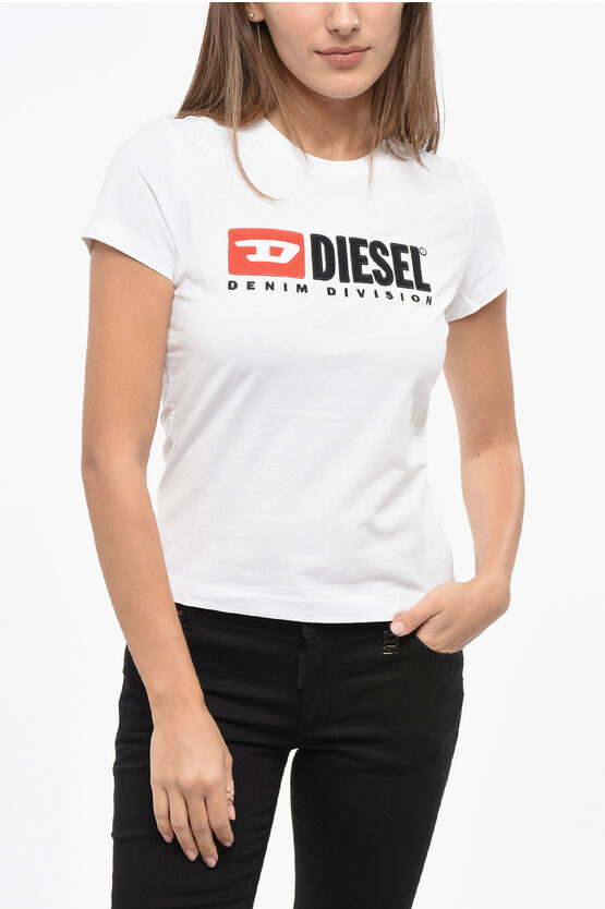 Diesel Solid Color T-sli-div Crew-neck T-shirt With Embossed Logo In White