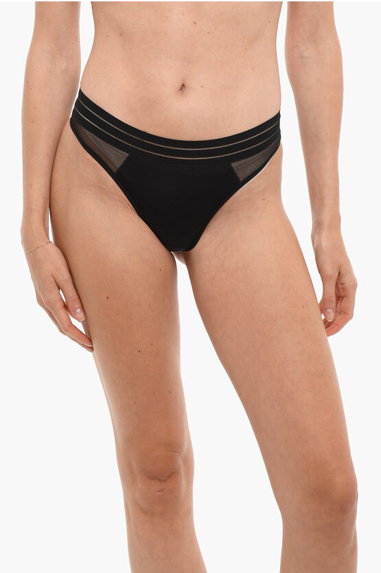 Maison Lejaby Solid Color Thong With See-through Inserts In Black