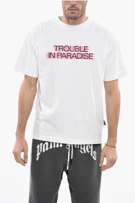 Palm Angels Solid Color Trouble Paradise Crew-neck T-shirt With Contrast In White