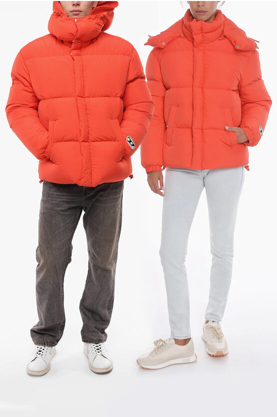 Diesel Solid Color Unisex W-rolf-nw Down Jacket With Removable Hood In Orange