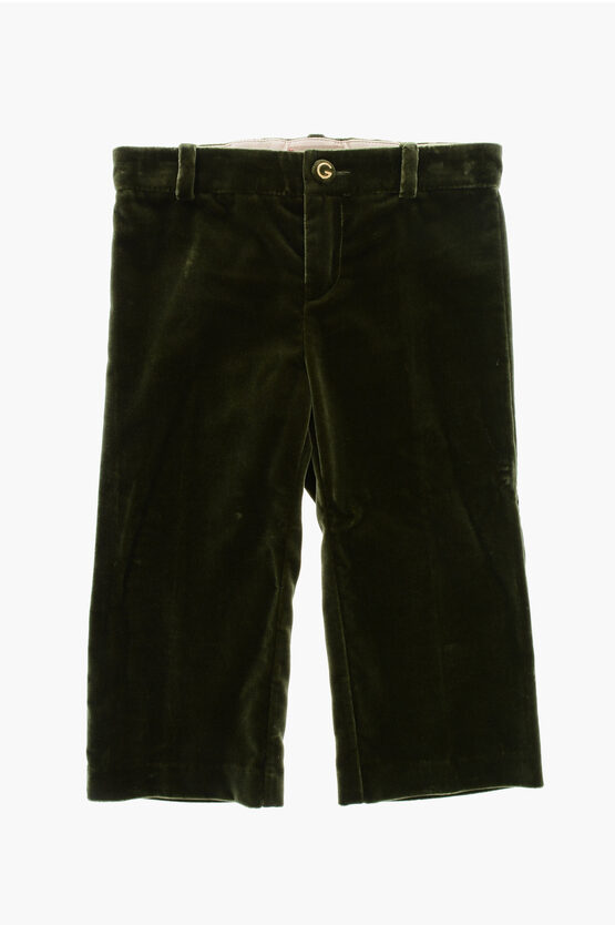 Gucci Solid Color Velvet Pants With Logoed Button In Green