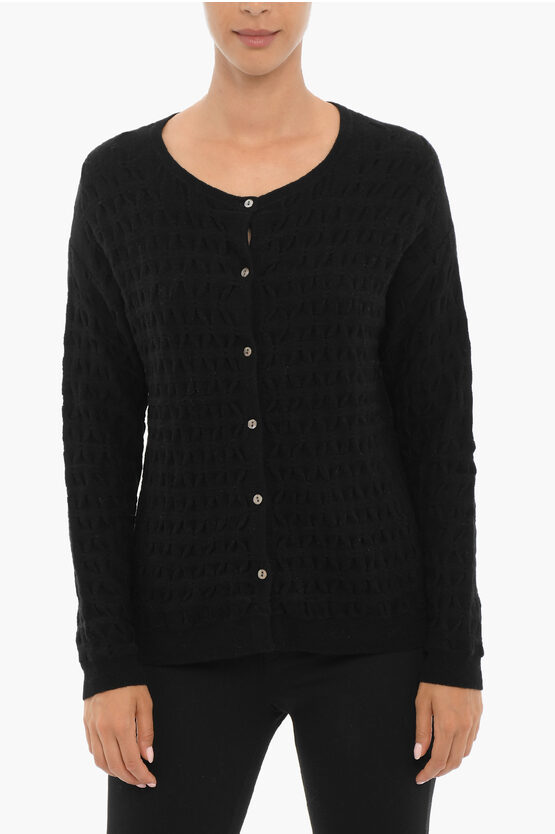 Woolrich Solid Color Wool And Cashmere Crew-neck Cardigan In Black